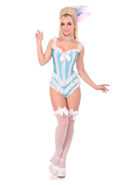 Leg Avenue Boned Ruffle Bodysuit with Bow Xlarge Blue White model wearing the costume, showcasing ruffles and satin bow.