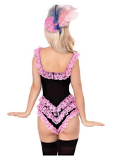 Back view of Leg Avenue Boned Ruffle Bodysuit with Bow XSmall Black Pink showcasing lace details and satin bow.