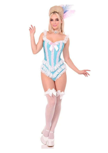 Leg Avenue Boned Ruffle Bodysuit with Bow Large Blue White displayed on a model, featuring lace ruffles and a satin bow.