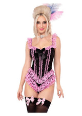Leg Avenue Boned Ruffle Bodysuit with Bow Large Black Pink worn by a model, featuring lace ruffles and a satin bow.
