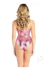 Leg Avenue Sequin Boned Snap Crotch Bodysuit Pink seen from the back, showcasing its shimmering sequins and flattering fit.