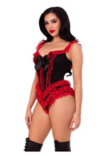 Leg Avenue Boned Ruffle Bodysuit with Bow Large Black Red featuring lace ruffles and a satin bow detail.