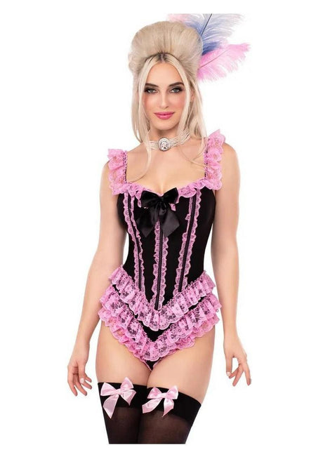 Leg Avenue Boned Ruffle Bodysuit with Bow XLarge Black Pink featuring lace ruffles and a satin bow detail.