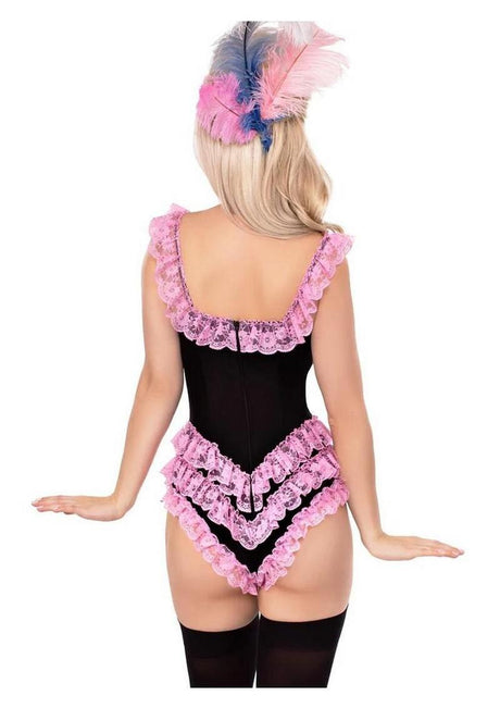 Leg Avenue Boned Ruffle Bodysuit with Bow XLarge Black Pink, featuring lace ruffles and a sweetheart neckline from the back view.