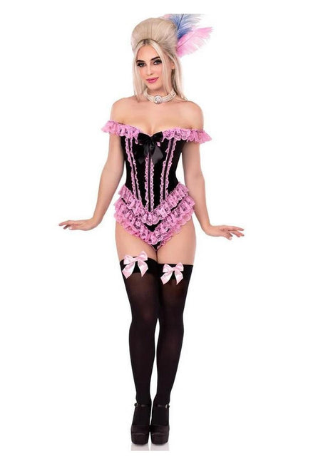 Leg Avenue Boned Ruffle Bodysuit with Bow XLarge Black Pink on a model, featuring lace ruffles and satin bow.