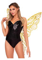Leg Avenue Iridescent Strapless Fairy Wings OS Gold showcased by a model in a sparkling black bodysuit and vibrant wings.