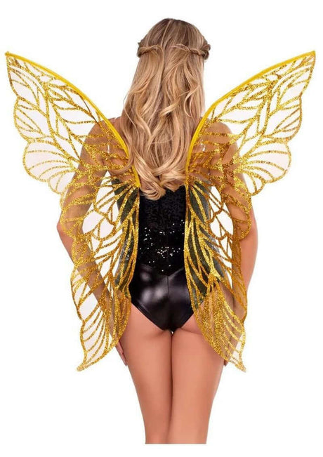 Leg Avenue Iridescent Strapless Fairy Wings OS Gold worn by a model showcasing their enchanting design and shimmer.