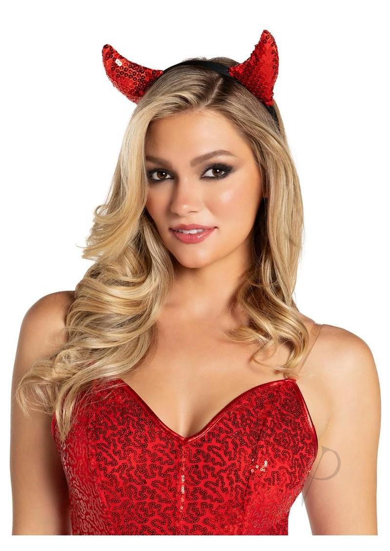 Model wearing Leg Avenue Sequin Devil Horns OS Red with a sparkling red outfit, showcasing a playful devil costume look.