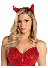 Model wearing Leg Avenue Sequin Devil Horns OS Red with a sparkling red outfit, showcasing a playful devil costume look.