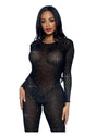 Leg Avenue Sheer Rhinestone Catsuit Small Black worn by a model, featuring shimmering rhinestones and sheer fabric.