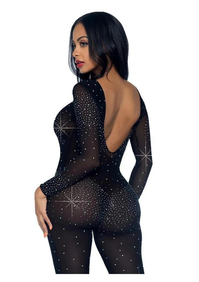 Leg Avenue Sheer Rhinestone Catsuit Small Black showcasing a dazzling back design and shimmering rhinestones.