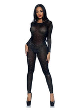 Leg Avenue Sheer Rhinestone Catsuit Small Black worn by a model, showcasing its dazzling rhinestones and sheer fabric.