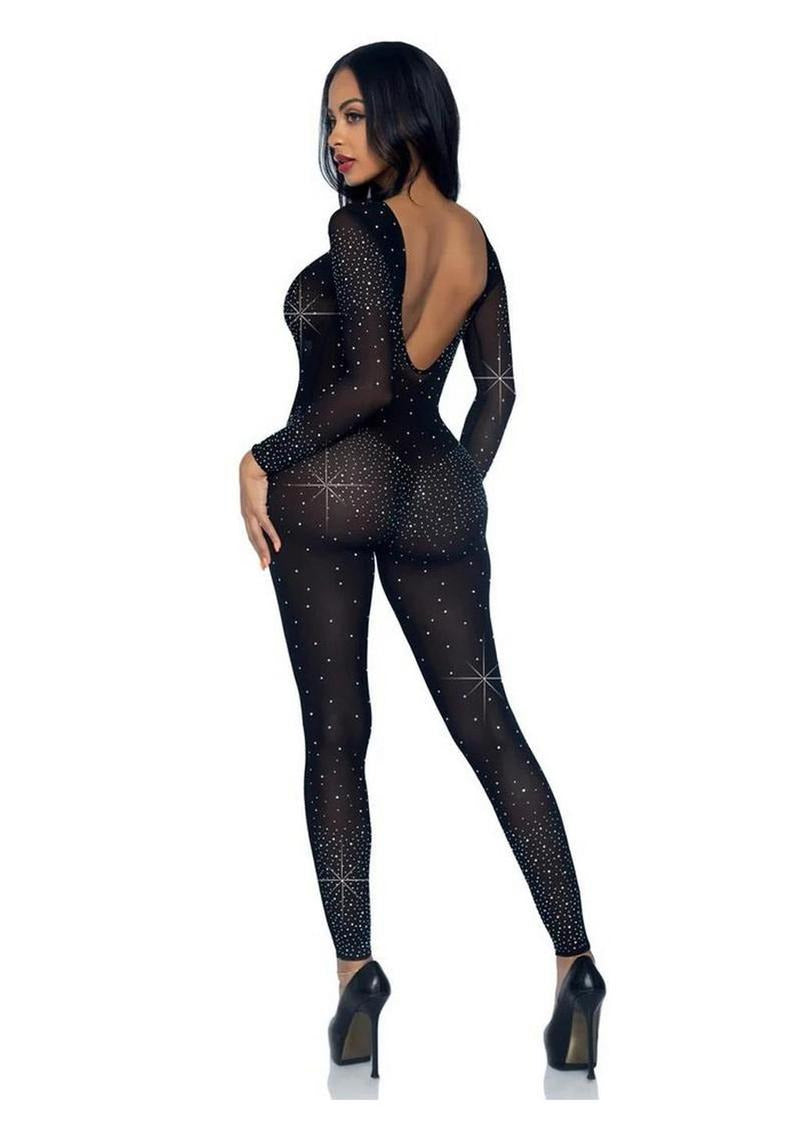Leg Avenue Sheer Rhinestone Catsuit Small Black featured on model, displaying a plunging back and shimmering rhinestones.