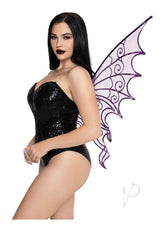 Leg Avenue Glitter Strapless Pixie Wings One Size Purple worn by a model in black bodysuit with shimmering glitter wings.
