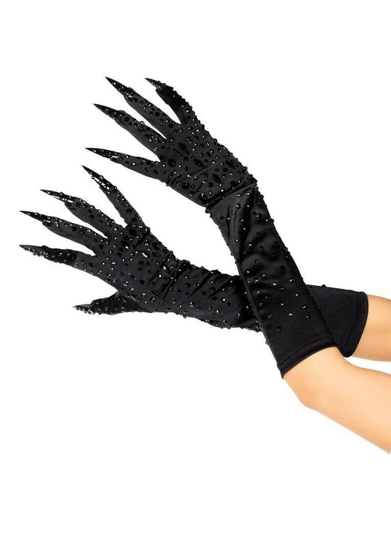 Leg Avenue Rhinestone Claw Gloves OS Black showcasing elegant satin material with dramatic claw design and rhinestone embellishments.
