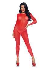 Leg Avenue Sheer Rhinestone Catsuit Small Red worn by a model showcasing its dazzling rhinestones and sexy design.