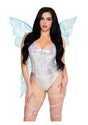 Model wearing Leg Avenue Iridescent Strapless Fairy Wings OS Blue with shimmering fairy wings and a silver bodysuit.