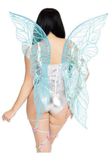 Leg Avenue Iridescent Strapless Fairy Wings OS Blue displayed on model, showing shimmering blue wings and costume details.