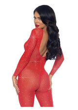 Leg Avenue Sheer Rhinestone Catsuit XSmall Red on a model showcasing the plunging back and dazzling rhinestones.