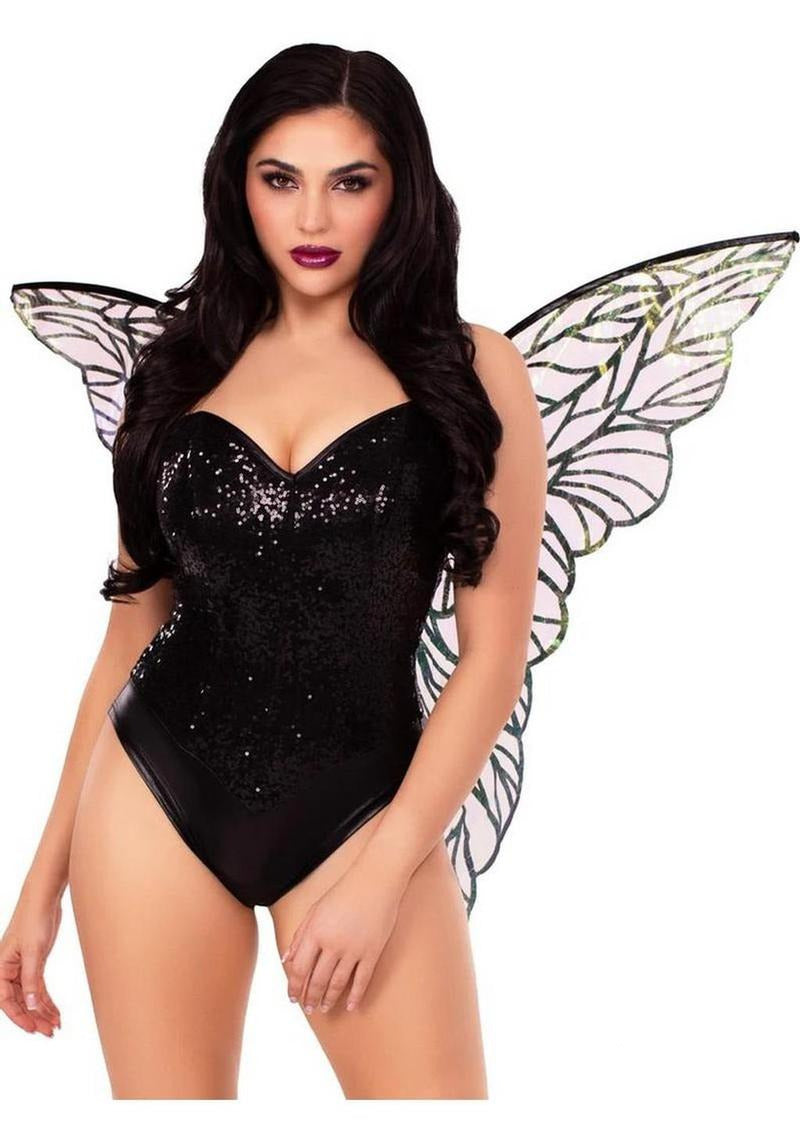 Leg Avenue Iridescent Strapless Fairy Wings OS Black worn by a model showcasing their enchanting design and shimmering beauty.