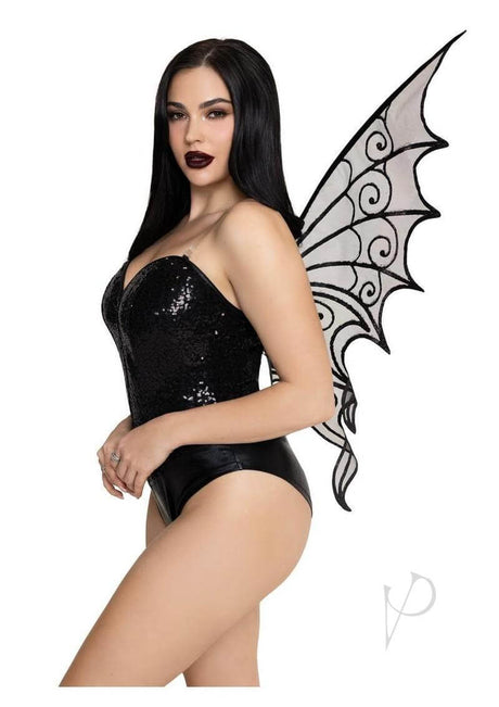 Model wearing Leg Avenue Glitter Strapless Pixie Wings O/S Black, showcasing sparkling wings and a chic bodysuit.