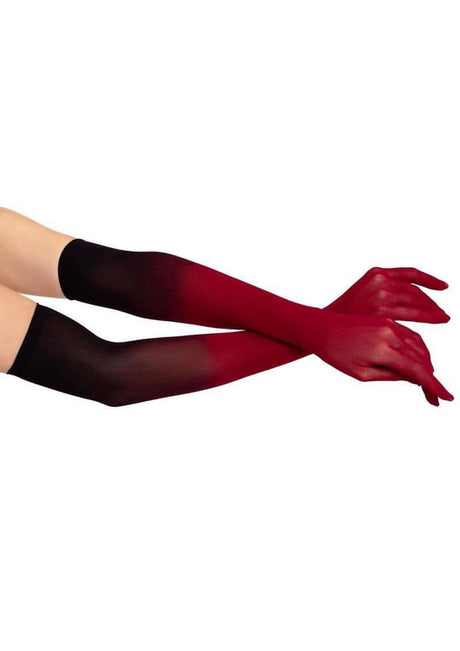 Leg Avenue Ombre Mesh Opera Length Gloves OS Red showcased on arms, featuring a striking ombre gradient from black to red.