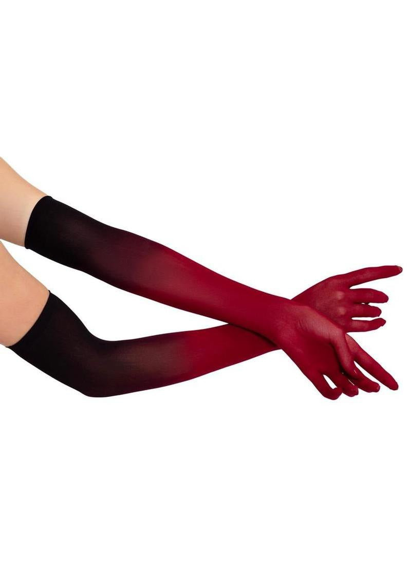 Leg Avenue Ombre Mesh Opera Length Gloves OS Red showcasing a stunning ombre design in red and black color blend.
