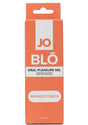 JO Blo Oral Pleasure Gel Mango Peach 1 Oz packaging, featuring a vibrant design and water-based formula for oral play.
