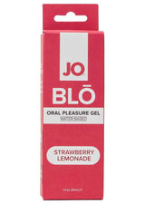 JO Blo Oral Pleasure Gel Strawberry Lemonade 1 Oz packaging front view, featuring bold design and product details.