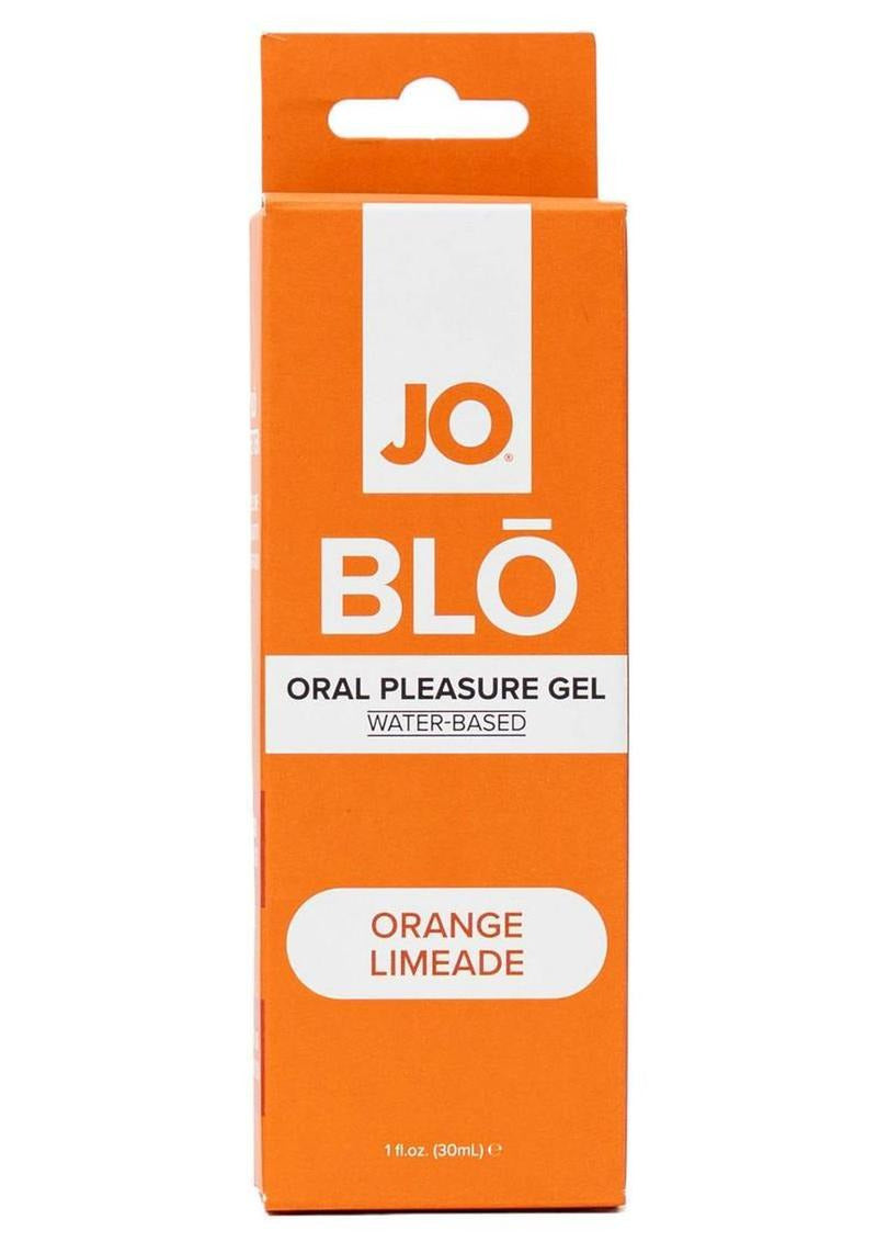 JO Blo Pleasure Gel Orange Limeade 1 Oz packaging, featuring a vibrant orange design and water-based formula.