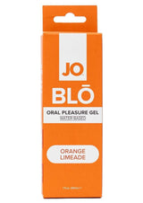 JO Blo Pleasure Gel Orange Limeade 1 Oz packaging, featuring a vibrant orange design and water-based formula.