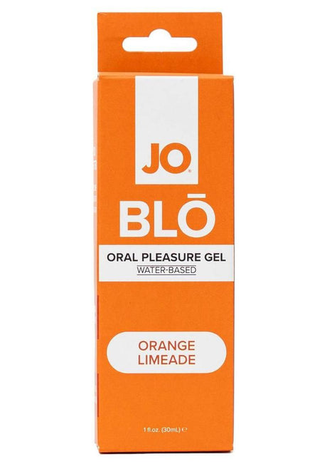 JO Blo Pleasure Gel Orange Limeade 1 Oz packaging, featuring a vibrant orange design and water-based formula.