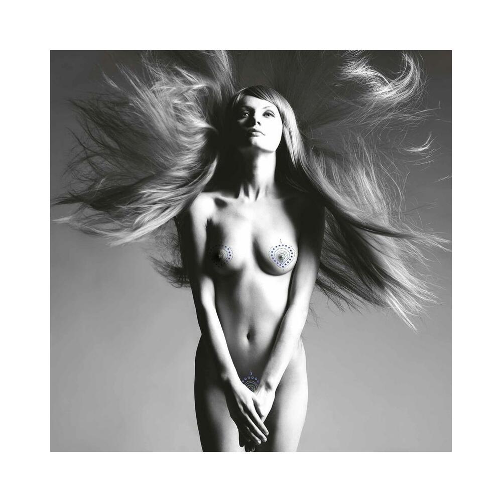Bijoux Indiscrets Flamboyant Rhinestone Body Decorations on model with flowing hair in artistic black and white image.