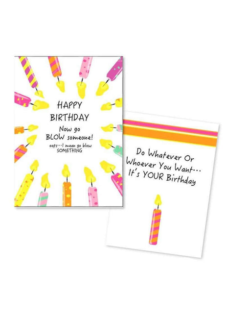 Naughty Greeting Card Happy Birthday Now Go Blow featuring colorful candles and playful text.