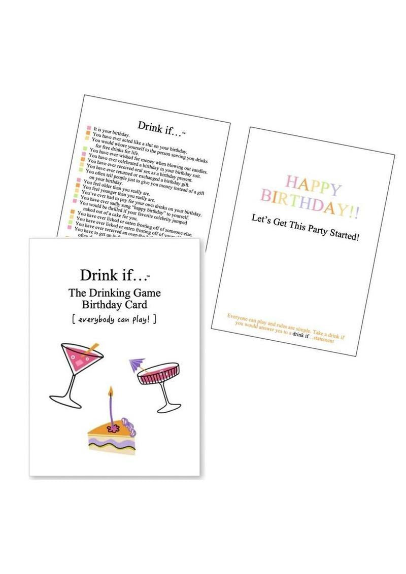 Greeting Card Drink If Card Game featuring drinking game instructions and Happy Birthday message.