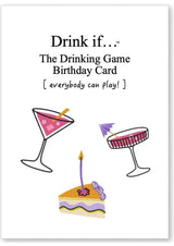 Greeting Card Drink If Card Game with colorful drinks and cake, inviting everyone to play at parties.