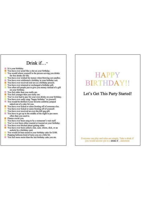 Greeting Card Drink If Card Game features dares and birthday message for party fun.