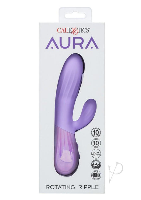 Aura Rotating Ripple Silicone Dual Massager Purple in packaging showcasing its sleek design and features.