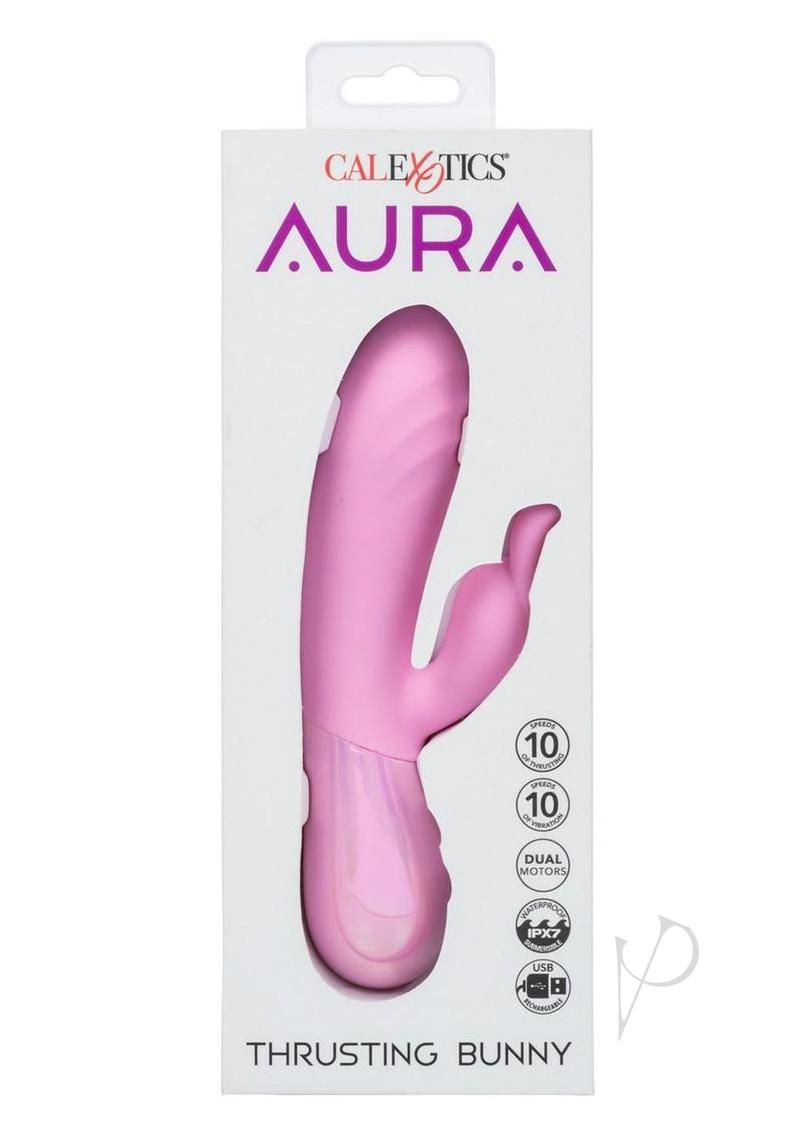 Aura Thrusting Bunny Silicone Rabbit Vibrator Pink packaging showcasing its features and design.