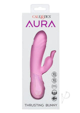 Aura Thrusting Bunny Silicone Rabbit Vibrator Pink packaging showcasing its features and design.