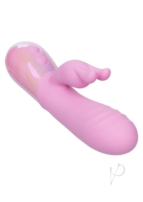 Aura Thrusting Bunny Silicone Rabbit Vibrator Pink showcasing dual-action design and playful bunny ears.