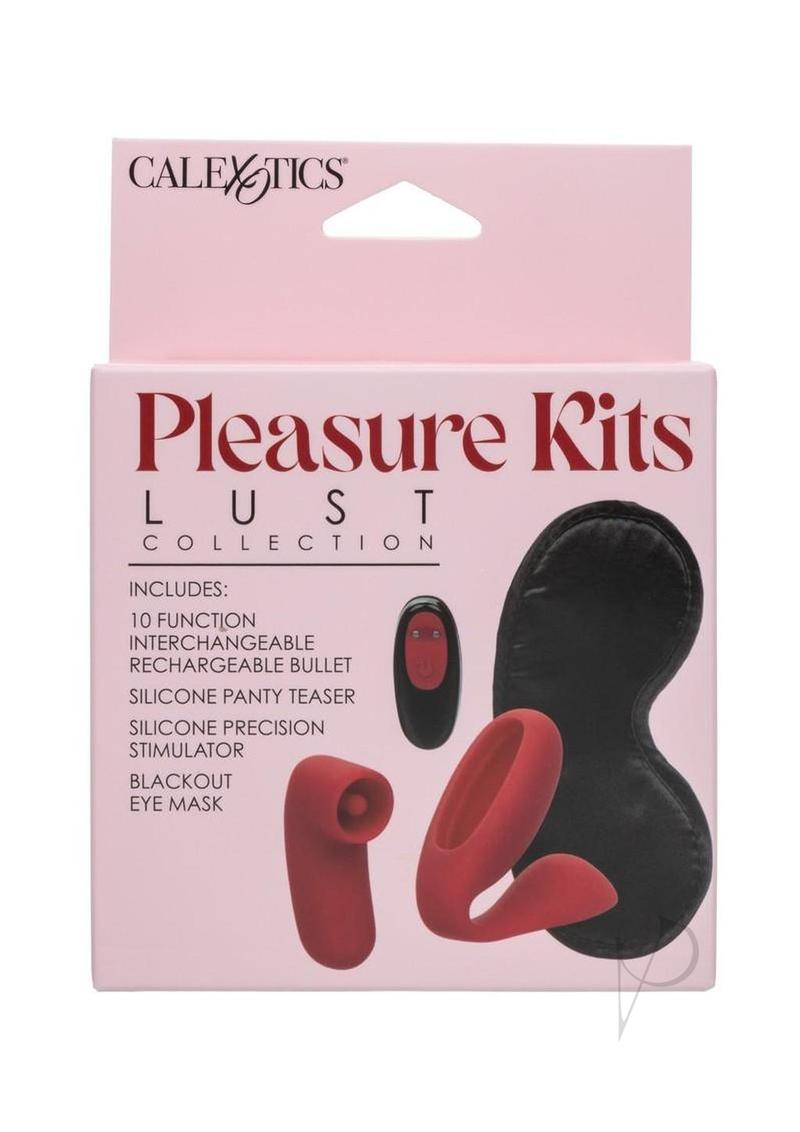 Pleasure Kits Lust Collection Bullet Vibrator Kit packaging showing features like silicone panty teaser and blackout eye mask.