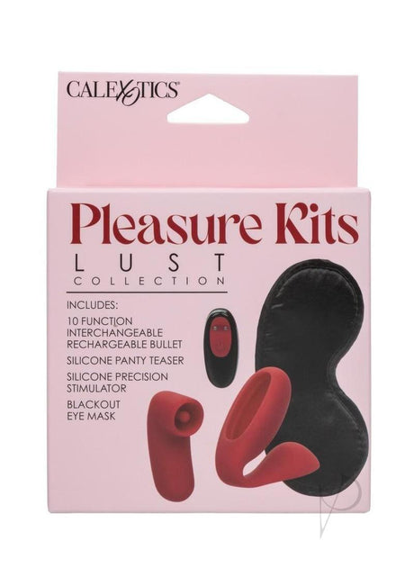 Pleasure Kits Lust Collection Bullet Vibrator Kit packaging showing features like silicone panty teaser and blackout eye mask.