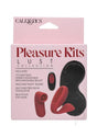 Pleasure Kits Lust Collection Bullet Vibrator Kit packaging showing features like silicone panty teaser and blackout eye mask.