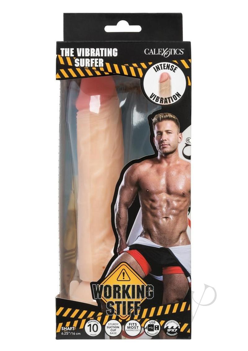 Working Stiff The Vibrating Surfer Vibrating Dildo Vanilla packaging with product details and model.
