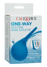 Water Systems One-Way Silicone Anal Douche Blue packaging with flexible tip and backflow prevention features.