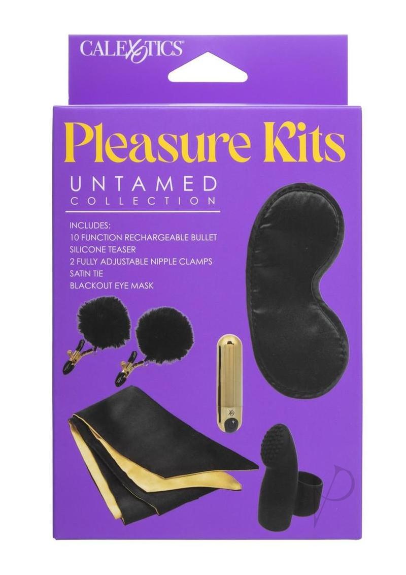 Pleasure Kits Untamed Collection Bondage Kit featuring a rechargeable bullet, nipple clamps, and eye mask.