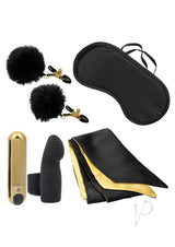 Pleasure Kits Untamed Collection Bondage Kit featuring nipple clamps, satin ties, a bullet vibrator, and an eye mask.