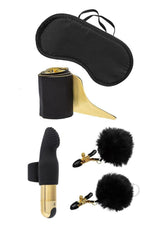Pleasure Kits Untamed Collection Bondage Kit with eye mask, restraints, bullet vibrator, and nipple clamps.
