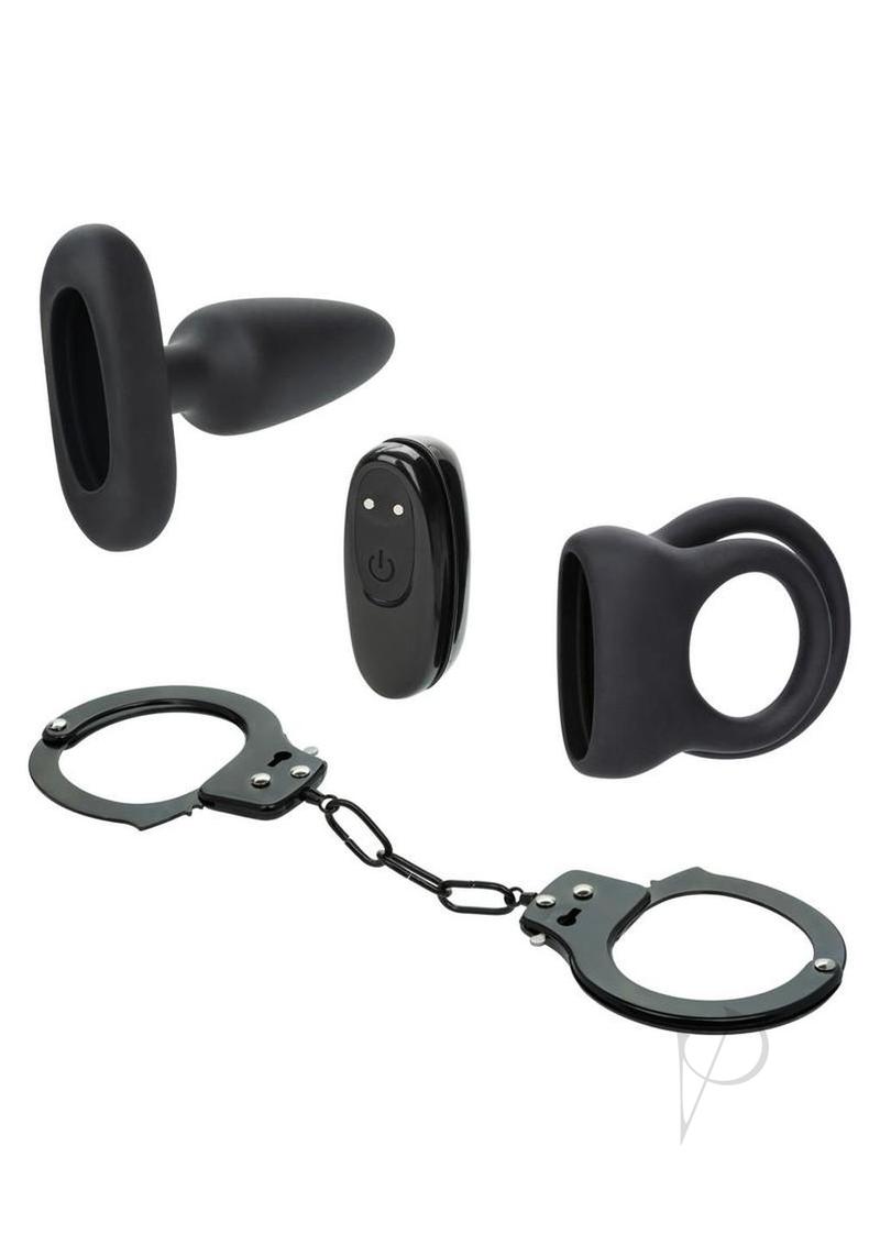 Pleasure Kits Power Play Collection Vibrator Kit Black with cuffs, bullet, and enhancer ring for versatile stimulation.